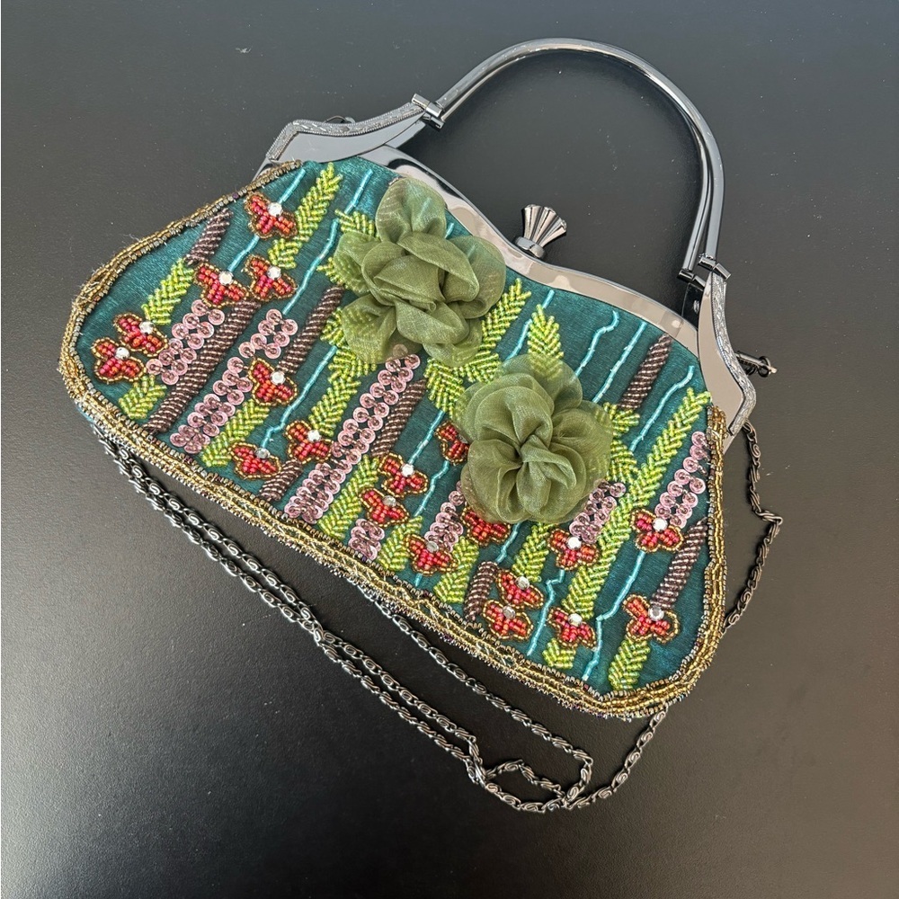 Beaded Floral Evening Bag Green Crossbody Purse - Picture 5 of 10